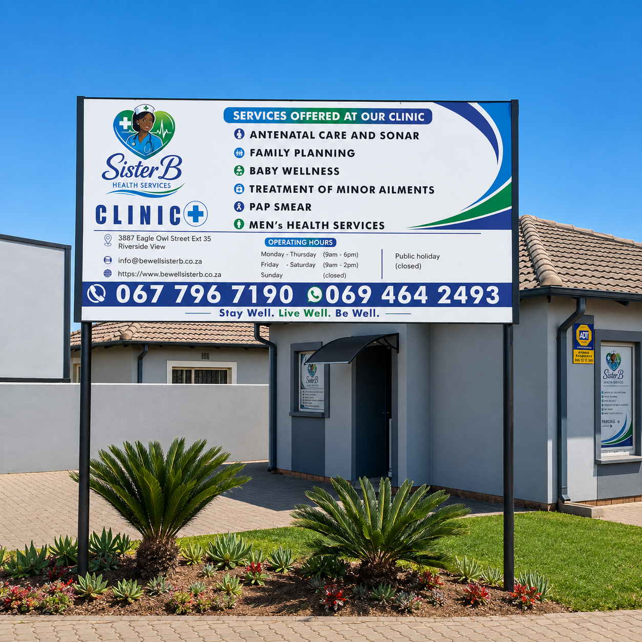 SisterB Clinic Signage & Environment — Exterior signboard, window graphics and entrance signage rolled out across the SisterB clinic in a consistent brand system.