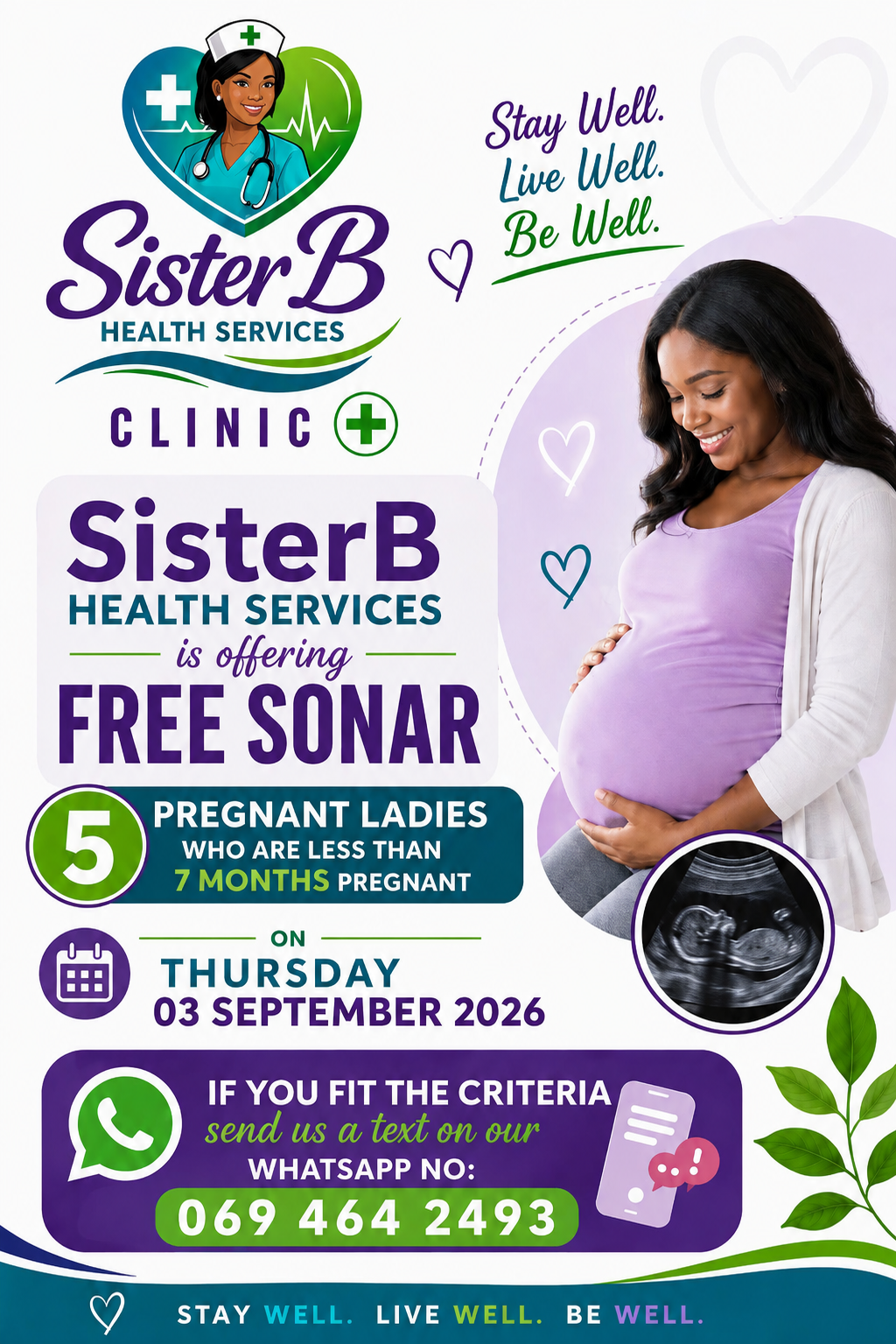 Free Sonar Campaign Poster — Campaign artwork driving antenatal bookings through a limited free sonar offer, with WhatsApp response built in.
