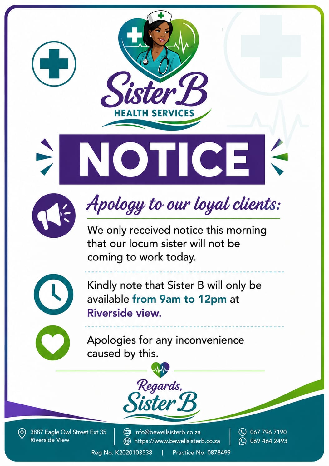 Notice advising patients that the locum sister is unavailable and revised consulting hours apply
