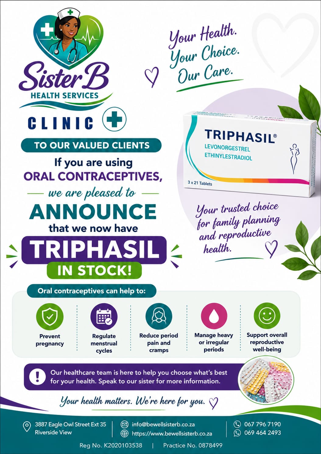 Poster announcing that oral contraceptives are back in stock, listing five health benefits