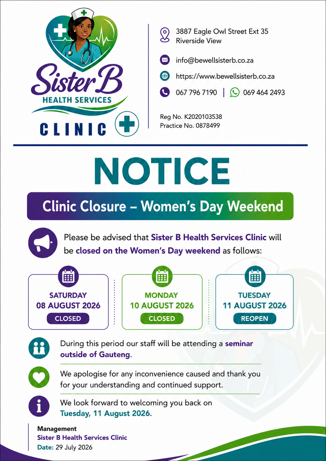 Clinic & Medical Aid Notices — WhatsApp and in-practice notices for patients.